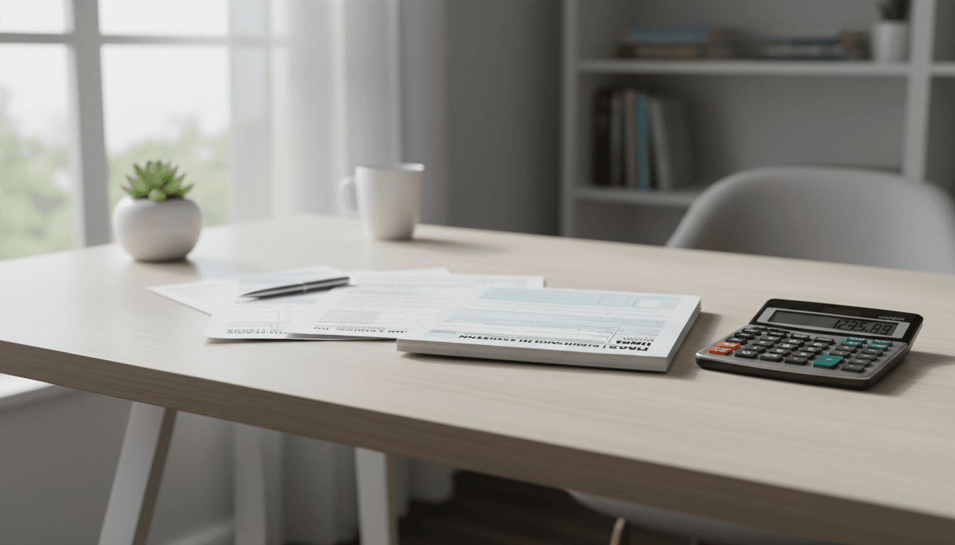 tax forms and calculator on clean desk with natural light