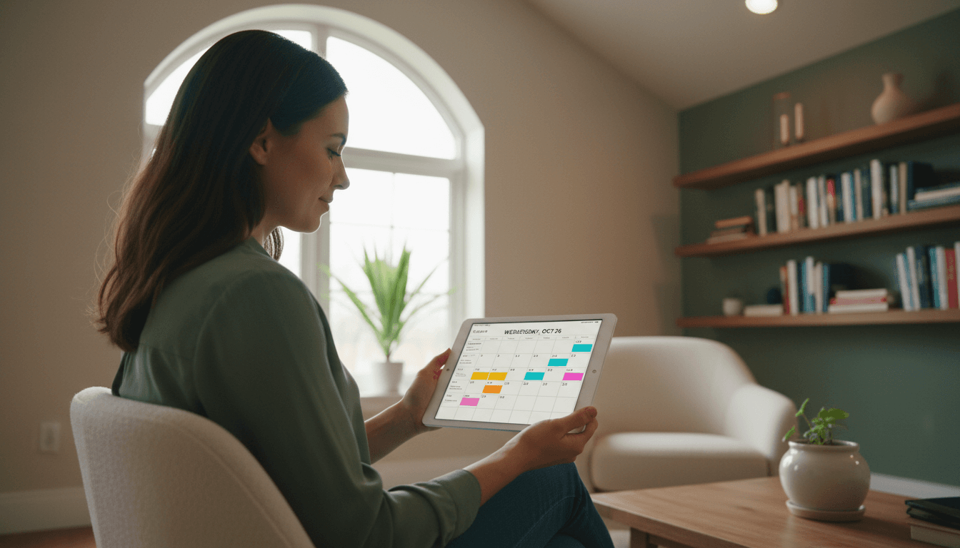 therapist looking at tablet showing scheduling calendar in warm modern office
