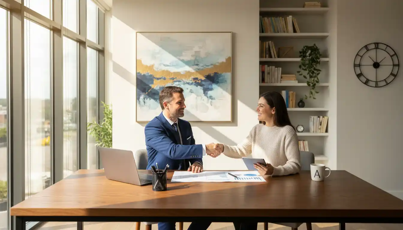 A businessman and woman shaking hands across a desk in a bright, modern office.